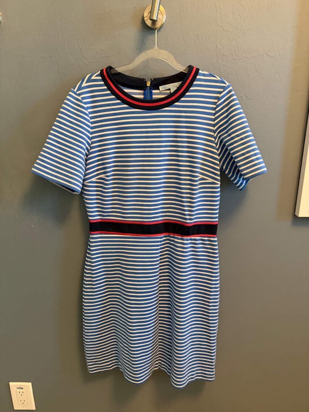 Draper James Navy, Blue, White Striped Knit Top with Red Trim